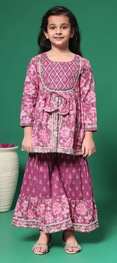 Festive, Summer Pink and Majenta color Girls Top with Bottom in Cotton fabric with Floral, Gota Patti, Printed work : 1944511