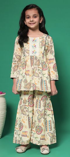 Beige and Brown color Girls Top with Bottom in Cotton fabric with Printed, Thread, Zari work