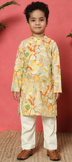 Yellow color Boys Kurta Pyjama in Cotton fabric with Printed work