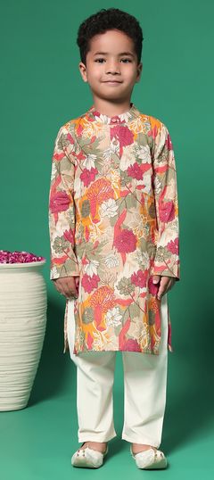 Yellow color Boys Kurta Pyjama in Cotton fabric with Floral, Printed work