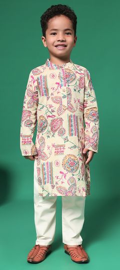 Beige and Brown color Boys Kurta Pyjama in Cotton fabric with Printed work