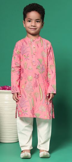 Pink and Majenta color Boys Kurta Pyjama in Cotton fabric with Floral, Foil Print, Printed work