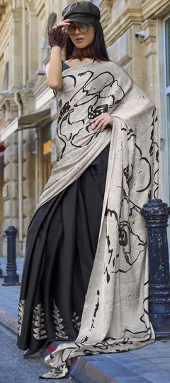 Party Wear, Traditional Black and Grey color Saree in Satin Silk fabric with Classic Printed work : 1944536