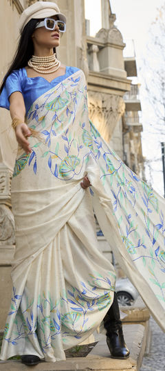 Party Wear, Traditional White and Off White color Saree in Satin Silk fabric with Classic Printed work : 1944537