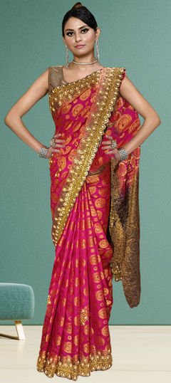 Pink and Majenta color Saree in Kanjeevaram Silk fabric with Embroidered, Sequence work