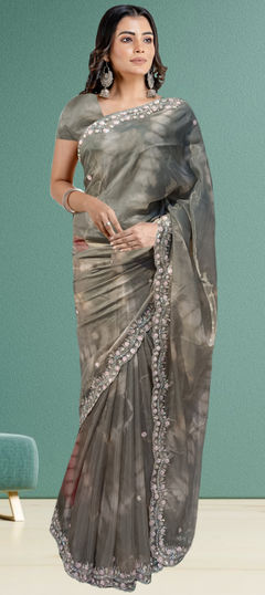 Black and Grey color Saree in Tissue fabric with Embroidered, Sequence work