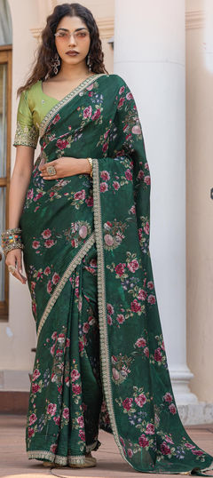 Green color Saree in Viscose fabric with Floral, Lace, Printed work
