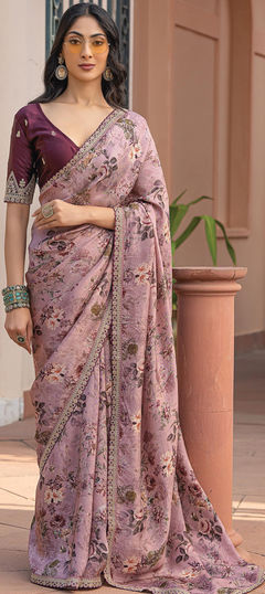 Pink and Majenta color Saree in Viscose fabric with Floral, Lace, Printed work