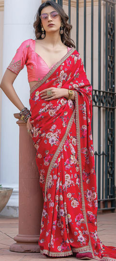 Red and Maroon color Saree in Viscose fabric with Floral, Lace, Printed work