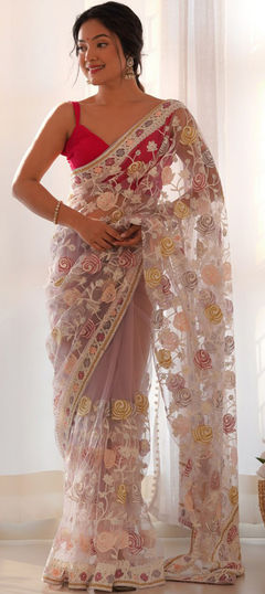 Purple and Violet color Saree in Net fabric with Aari, Embroidered, Stone work
