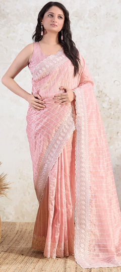 Traditional, Wedding Pink and Majenta color Saree in Tissue fabric with South Embroidered, Sequence work : 1944611