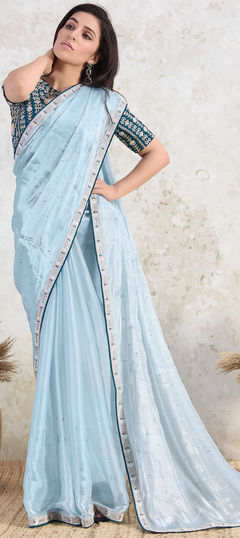 Traditional, Wedding Blue color Saree in Tissue fabric with South Embroidered, Sequence work : 1944612