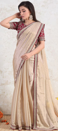 Traditional, Wedding Beige and Brown color Saree in Tissue fabric with South Embroidered, Sequence work : 1944613