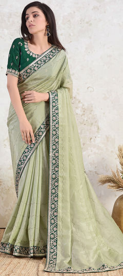 Traditional, Wedding Green color Saree in Tissue fabric with South Embroidered, Sequence work : 1944614