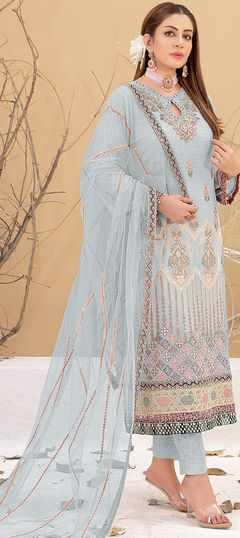 Black and Grey color Salwar Kameez in Faux Georgette fabric with Embroidered, Thread work