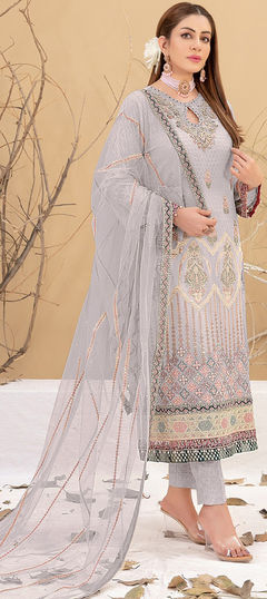 Black and Grey color Salwar Kameez in Faux Georgette fabric with Embroidered, Thread work