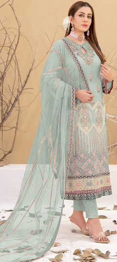 Green color Salwar Kameez in Faux Georgette fabric with Embroidered, Thread work