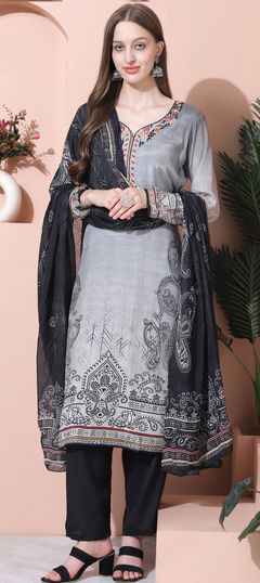 Black and Grey color Salwar Kameez in Muslin fabric with Thread work