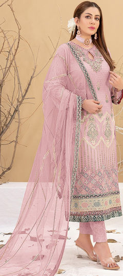 Pink and Majenta color Salwar Kameez in Faux Georgette fabric with Embroidered, Thread work