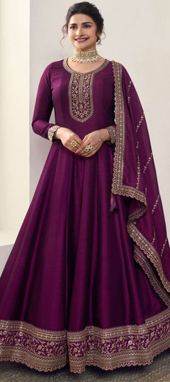 Purple and Violet color Salwar Kameez in Georgette fabric with Embroidered, Thread work