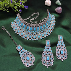 Blue color Necklace in Metal Alloy studded with Austrian diamond, CZ Diamond & Silver Rodium Polish : 1944683