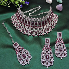 Red and Maroon color Necklace in Metal Alloy studded with Austrian diamond, CZ Diamond & Silver Rodium Polish : 1944688