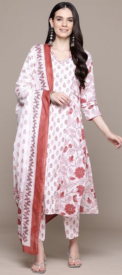 Pink and Majenta, White and Off White color Salwar Kameez in Cotton fabric with Printed, Thread work