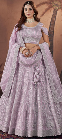 Purple and Violet color Ready to Wear Lehenga in Net fabric with Embroidered, Resham, Sequence, Thread, Zircon work