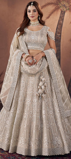 Beige and Brown color Ready to Wear Lehenga in Net fabric with Embroidered, Resham, Sequence, Thread, Zircon work