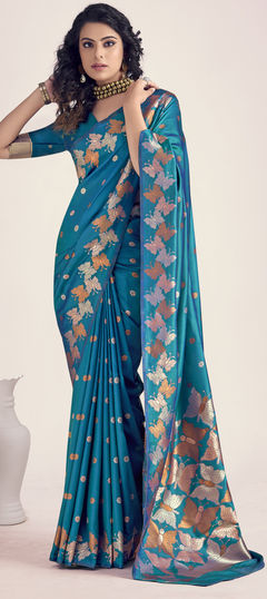 Blue color Saree in Banarasi Silk fabric with Printed work