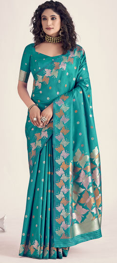 Green color Saree in Banarasi Silk fabric with Printed work