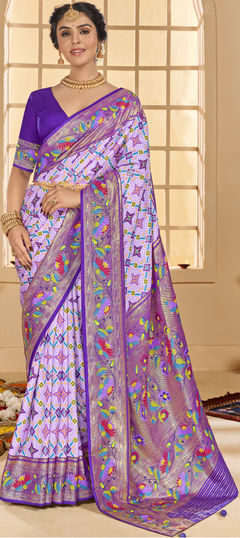 Purple and Violet color Saree in Tussar Silk fabric with Printed, Weaving work