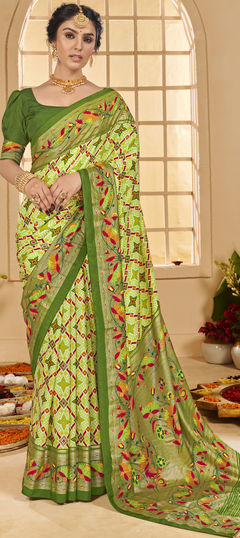 Green color Saree in Tussar Silk fabric with Printed, Weaving work