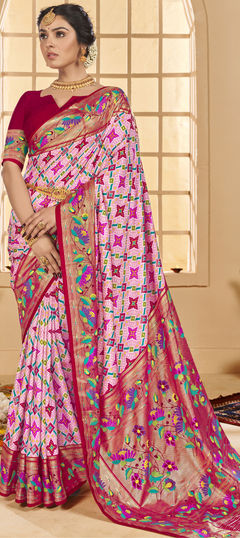 Pink and Majenta color Saree in Tussar Silk fabric with Printed, Weaving work