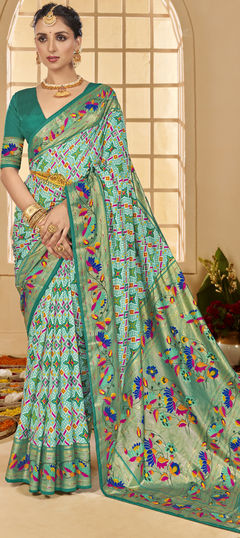 Green color Saree in Tussar Silk fabric with Printed, Weaving work