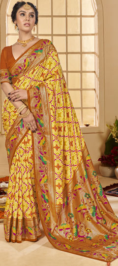 Yellow color Saree in Tussar Silk fabric with Printed, Weaving work