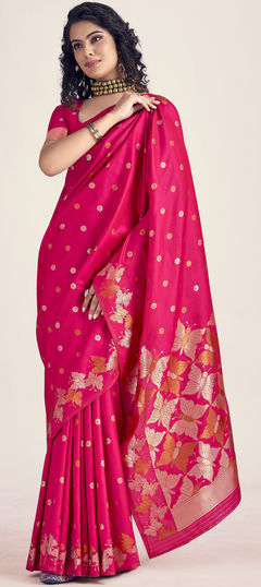 Pink and Majenta color Saree in Banarasi Silk fabric with Printed work