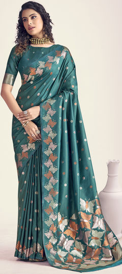 Green color Saree in Banarasi Silk fabric with Printed work