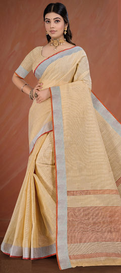 Yellow color Saree in Cotton fabric with Weaving, Zari work