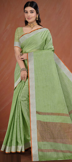 Festive, Traditional Green color Saree in Cotton fabric with Bengali Weaving, Zari work : 1944800