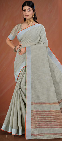 Festive, Traditional Green color Saree in Cotton fabric with Bengali Weaving, Zari work : 1944801