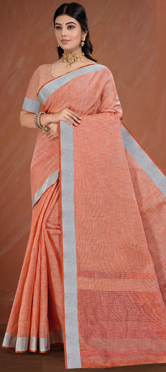 Orange color Saree in Cotton fabric with Weaving, Zari work