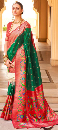 Green, Red and Maroon color Saree in Silk fabric with Printed, Weaving work