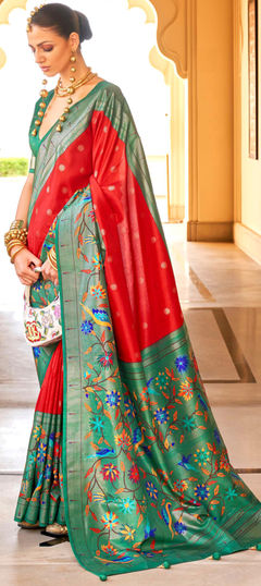 Festive, Traditional Green, Red and Maroon color Saree in Silk fabric with South Printed, Weaving work : 1944826