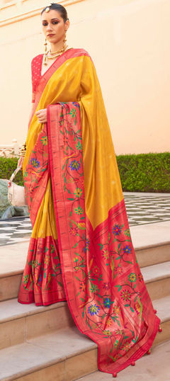 Festive, Traditional Pink and Majenta, Yellow color Saree in Silk fabric with South Printed, Weaving work : 1944827