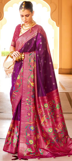 Purple and Violet color Saree in Silk fabric with Printed, Weaving work