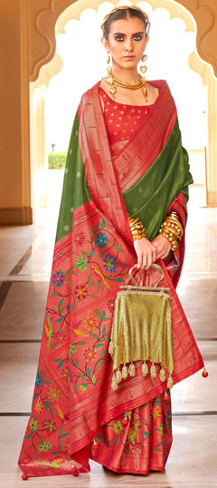 Festive, Traditional Green, Red and Maroon color Saree in Silk fabric with South Printed, Weaving work : 1944833