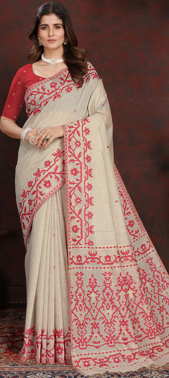 Beige and Brown color Saree in Cotton fabric with Weaving work