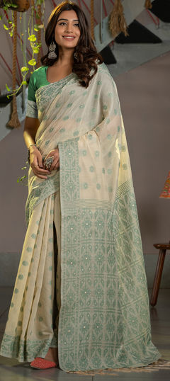 Beige and Brown, Green color Saree in Cotton fabric with Weaving work