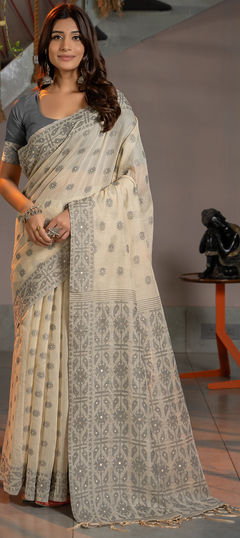 Beige and Brown, Black and Grey color Saree in Cotton fabric with Weaving work